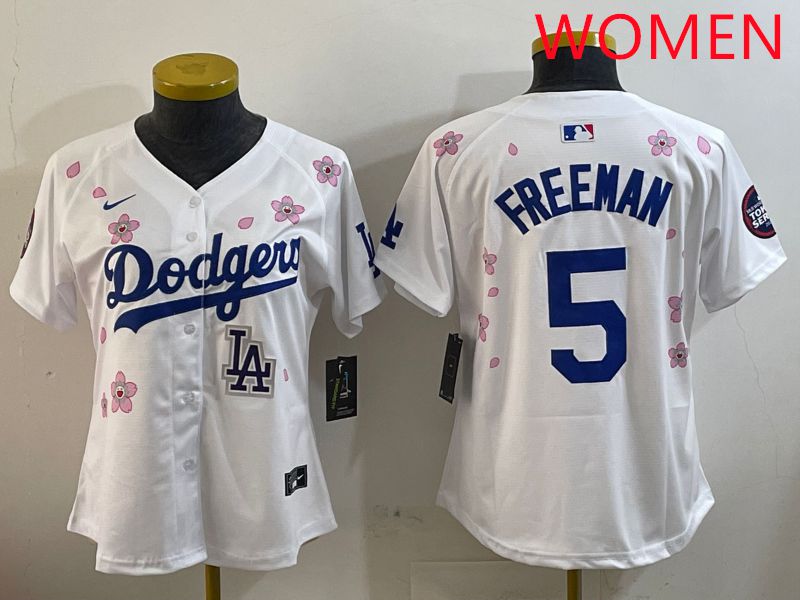 Women Los Angeles Dodgers 5 Freeman White Sakura Edition 2025 Nike MLB Jersey style 9